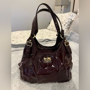 Coach Madison Brass & Plum Maggie Patent Leather Handbag W/ Matching Wallet Set